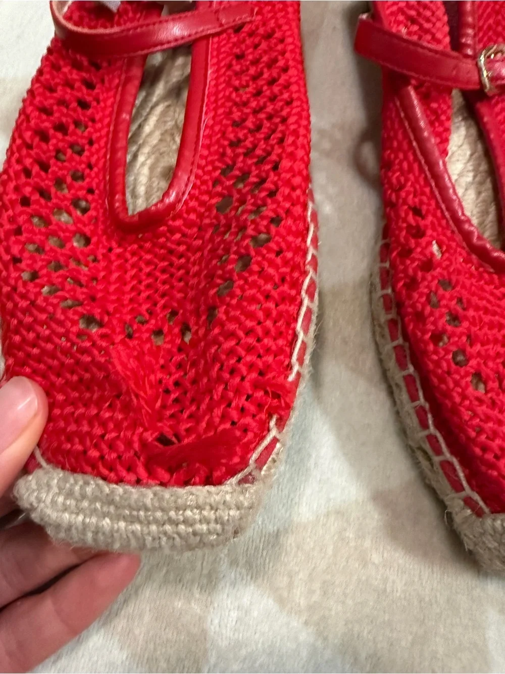 J crew Made-in-Spain Sophie Mary Jane espadrilles with crochet passion rouge